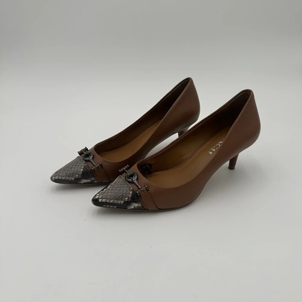 Coach Lauri Leather Pumps 7.5B Caramel Tan Snake Cap Toe Turnlock Accents - Picture 2 of 15